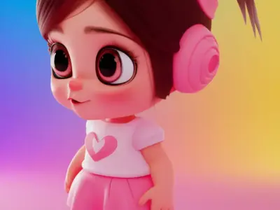 Charming Cartoon Girl Adorable 3D Character Pink Playful Outfit Low-poly 3D model