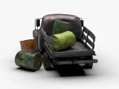 Ruined truck with Barrel destroyed vihicle Low-poly 3D model