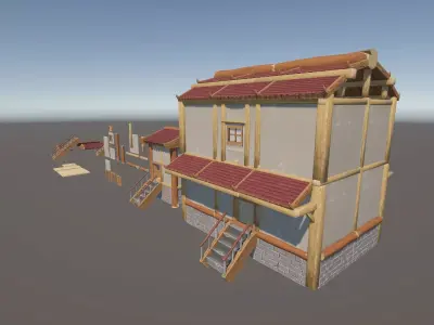 Stylized handpainted modular house URP Unity Free low-poly 3D model