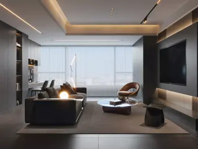 Modern Luxury Living Space with Dark Lounge and Home Office 3D model