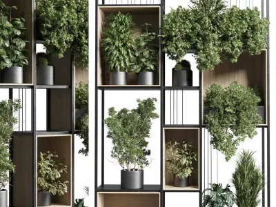 Standing metal shelf with a set 384 of plants in metal boxes Low-poly 3D model