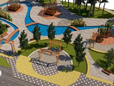 Dynamic Urban Park with Winding Water Features 3D Model Low-poly 3D model