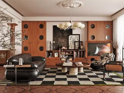 Mid-Century Retro Living Room with Vintage Leather Sofa 3D model