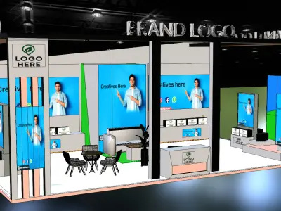 Interactive double-sided trade show booth with display walls 3D model