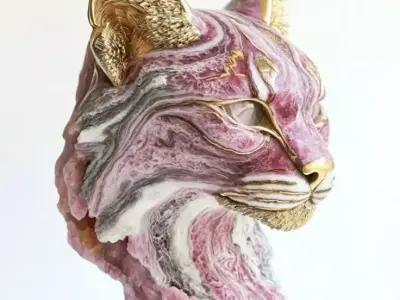 Luxury Pink Marble Cat Head Sculpture Gold Decor Piece Low-poly 3D model