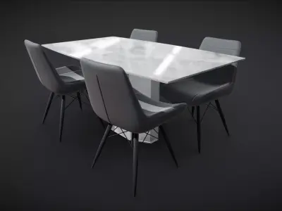 Dining Furniture Set Leather Chair Marble Table 3D model