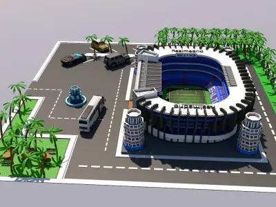 low poly city football stadium with palm trees Low-poly 3D model