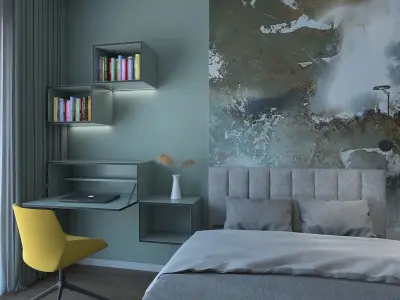 Extraordinary bedroom with a green wall 3D model
