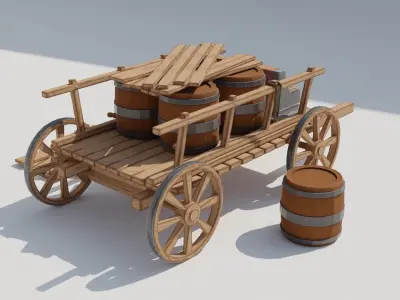 Medieval cart with barrels Low-poly 3D model