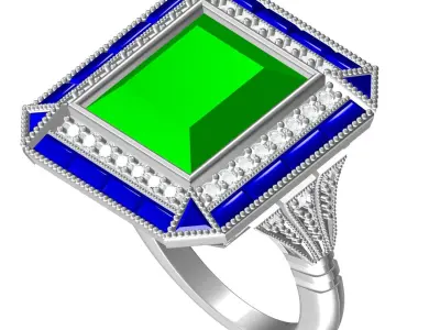 Fancy Green Princess and Blue Baguette Diamond Art Deco Ring 3D print model