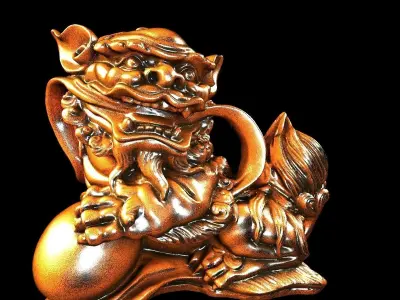 Chinese wooden lion statue 3D model