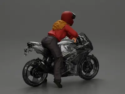 motorcyclist woman in helmet and hoodie sitting on motorcycle 3D print model