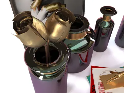 decorative set 5 gold and vases with butterflies 3D model