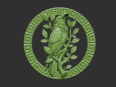 raven bird in circular frame 3D print model