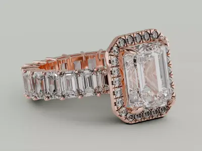Emerald Cut Diamond Ring with Halo and Diamond Band 3D Model Free 3D print model