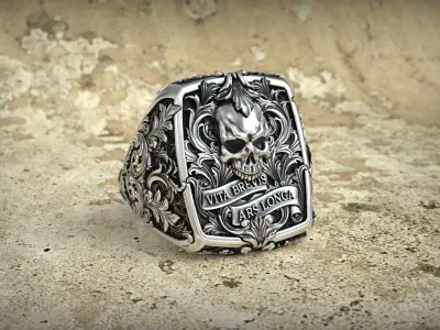 Victorian Gothic Skull Ring 3D Model Vita Brevis Ars Longa 3D print model