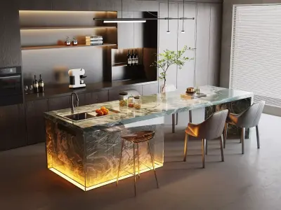 Luxury Marble Island Modern Kitchen Dining 3D Model 3D model