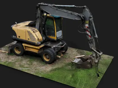 construction-site excavator on wheels drone photogrammetry 3D model