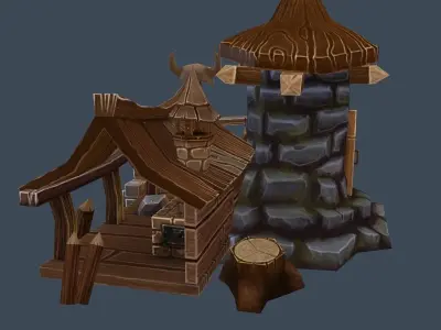 Cartoon Old Wood and Stone Workshop Sawmill Low-poly 3D model