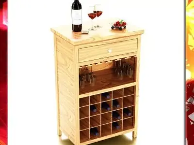 Wine Table Rack 3 Bottles Cups and Cherries 3D model