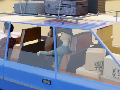 Low Poly cartoon car with 3 rigged characters 3D model