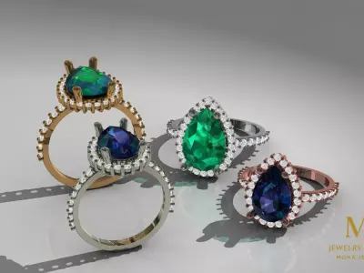 Luxury Emerald Sapphire Diamond Ring 3D Model STL 3DM 55 60 3D print model
