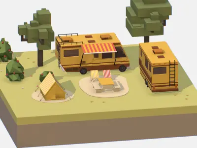 yellow tourist van on halt in meadow Low-poly 3D model