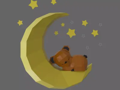 Low Poly Bear on the moon Model Origami  3D print model