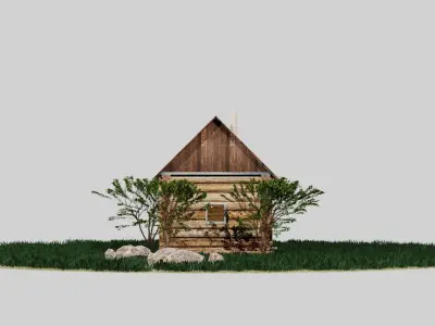 Bathhouse log cabin in middle of grassy field 3D model