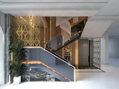 Stairs stairway in lobby of luxury apartment building 3D model