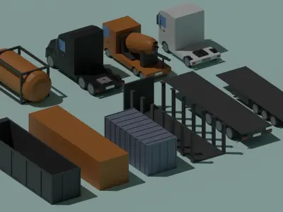 Set of trucks and trailers Low-poly 3D model