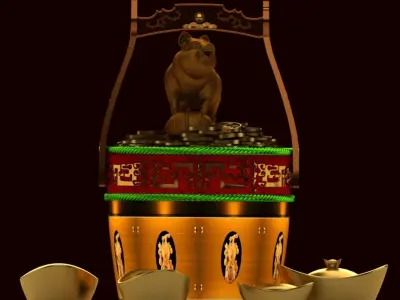 Chinese Gold Ingot bucket with Golden Pig 3D model