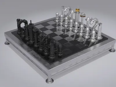 Chess stylized set pieces and board 01 Low-poly 3D model