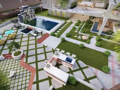 Luxury Farm house design visualization water pool 3D model