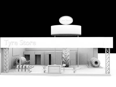 Modern tyre display booth with overhead branding and blue theme 3D model