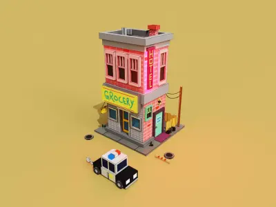 Voxel 3d hotel with grocery store and a police car 3D model