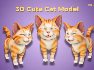 3D Cute Cat Orange Happy Cat with its Tail held upright 3D model