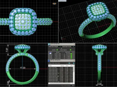 Engagement ring Cusion head shape with side stones Printable 3D print model