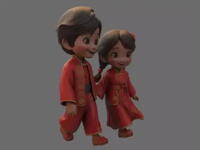 Chinese wedding couple  doll  figure  Low-poly 3D model