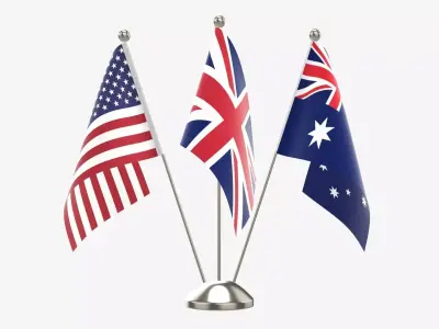 Desk decorative flag on triple flagpole 3D model