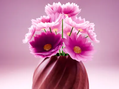 Low poly pink flowers in a wooden vase  Free low-poly 3D model