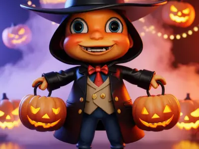 Cute Halloween Witch 3D Cartoon Character Pumpkin Buckets Hat Low-poly 3D model