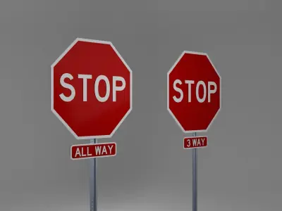 STOP Signs - ALL WAY and 3 WAY Low-poly 3D model