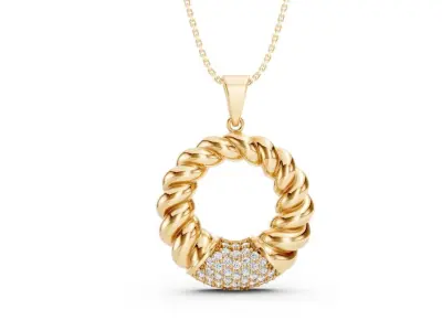 Twisted Gold Rope Circle Pendant with Pave Diamonds   CJP 002 3D print model