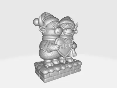 Highland Cow Couple 2026 Kawaii Bull Statue Christmas New Year  3D print model