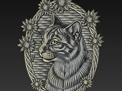 Cat Head with Sunflowers Border A86 3D print model