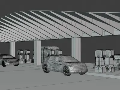 Charging station with cars and minibus 3D model