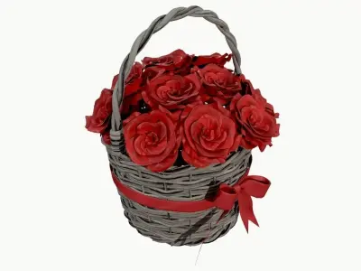 bouquet of red roses in wicker basket 3D model