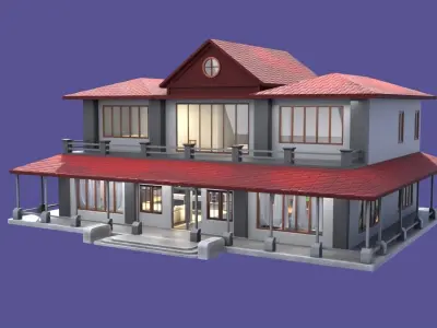 3D Model house or Villa with interior  - VR game asset Low-poly 3D model