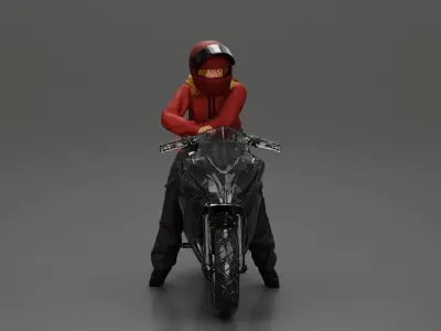 motorcyclist woman in helmet and hoodie sitting on motorcycle 3D print model